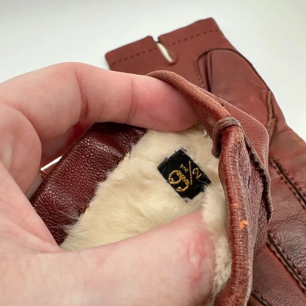 Vintage Leather Fur Lined Driving Gloves Brown 9.5 Made In‎ France Soft Luxury